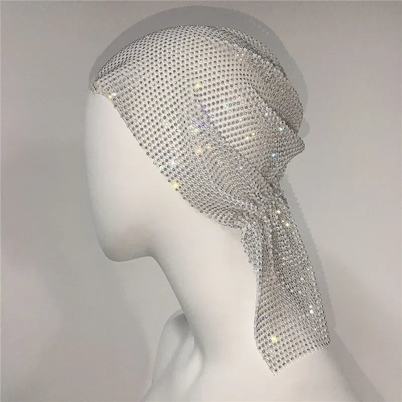 Women's Rhinestone Headband Turban Hair Jewelry Hat  Bling Crystal Head Wrap Scarf Nightclub Snood Headwear Accessories