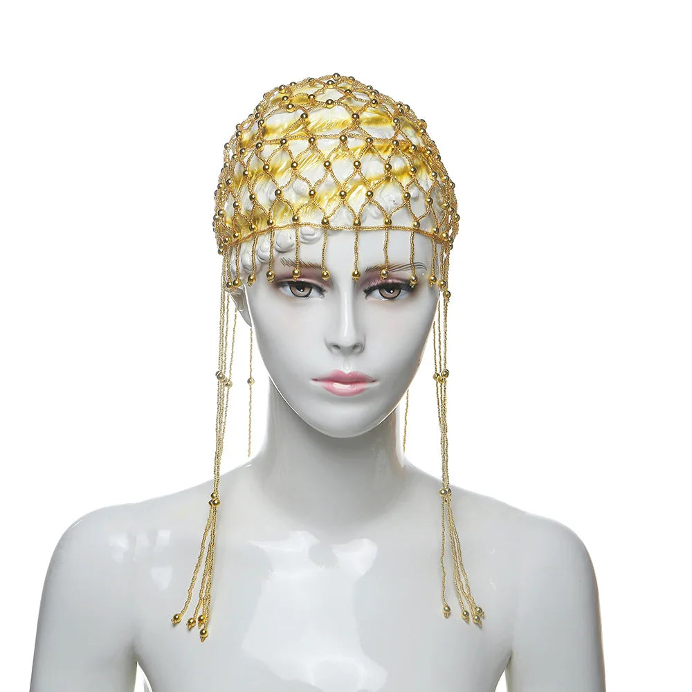 Middle Eastern style fringed rice bead hat hair accessories veil headgear glass bead belt mesh jewelry bride headdress