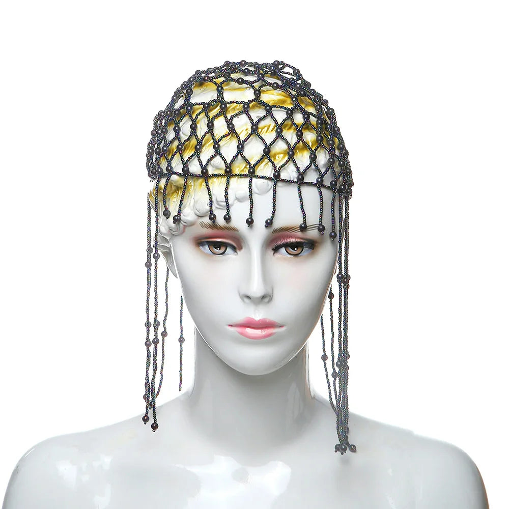 Middle Eastern style fringed rice bead hat hair accessories veil headgear glass bead belt mesh jewelry bride headdress