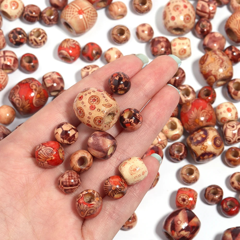 50/100Pcs Painted Natural Wooden Beads Round Big Hole Spacers Beads for Jewelry Making Fit Charm Bracelet Hair DIY Findings