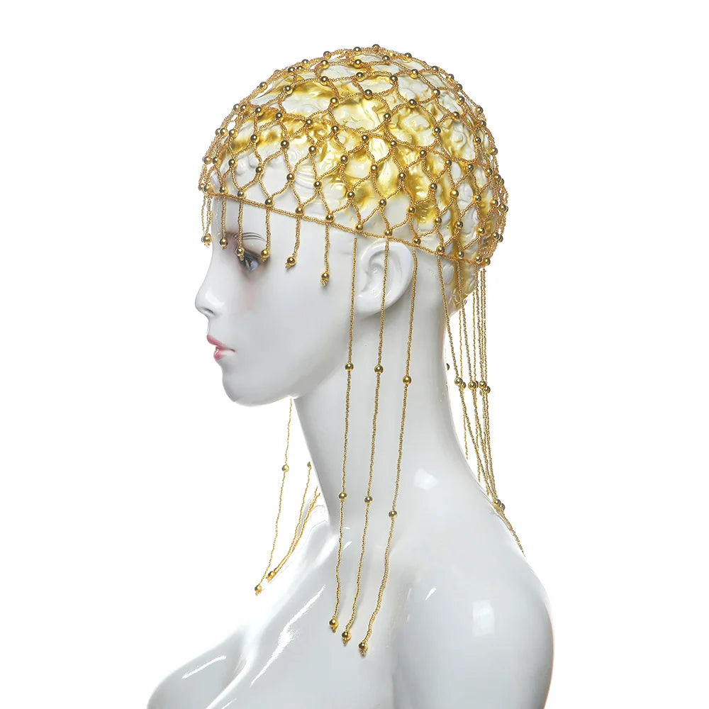 Middle Eastern style fringed rice bead hat hair accessories veil headgear glass bead belt mesh jewelry bride headdress