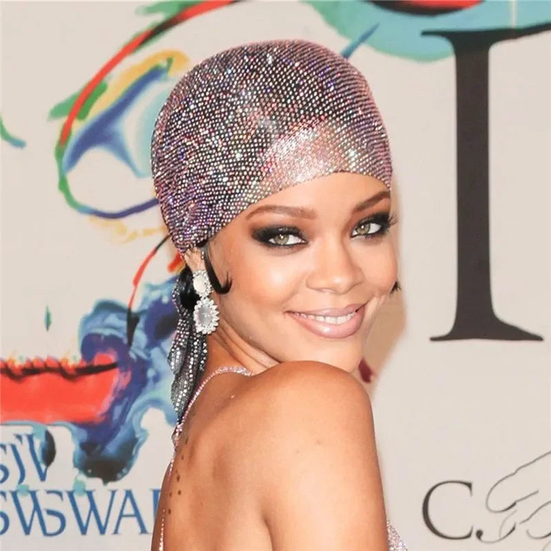Women's Rhinestone Headband Turban Hair Jewelry Hat  Bling Crystal Head Wrap Scarf Nightclub Snood Headwear Accessories