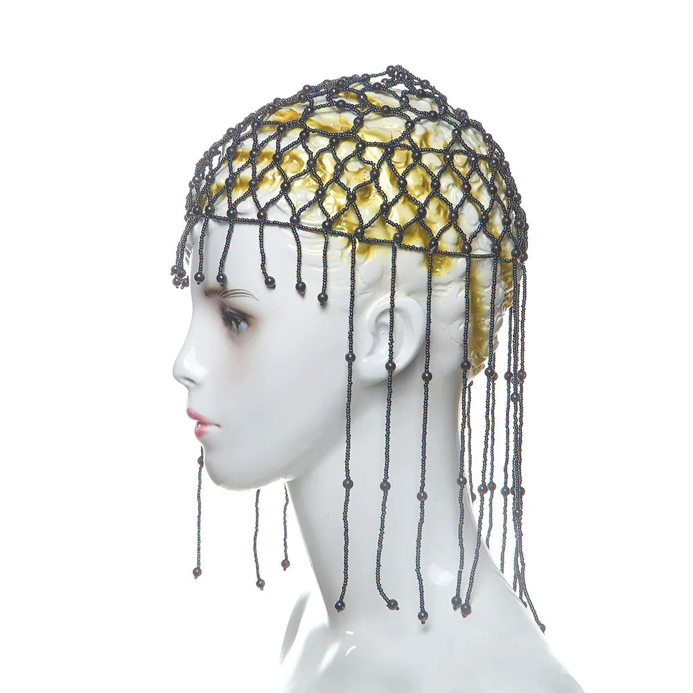 Middle Eastern style fringed rice bead hat hair accessories veil headgear glass bead belt mesh jewelry bride headdress